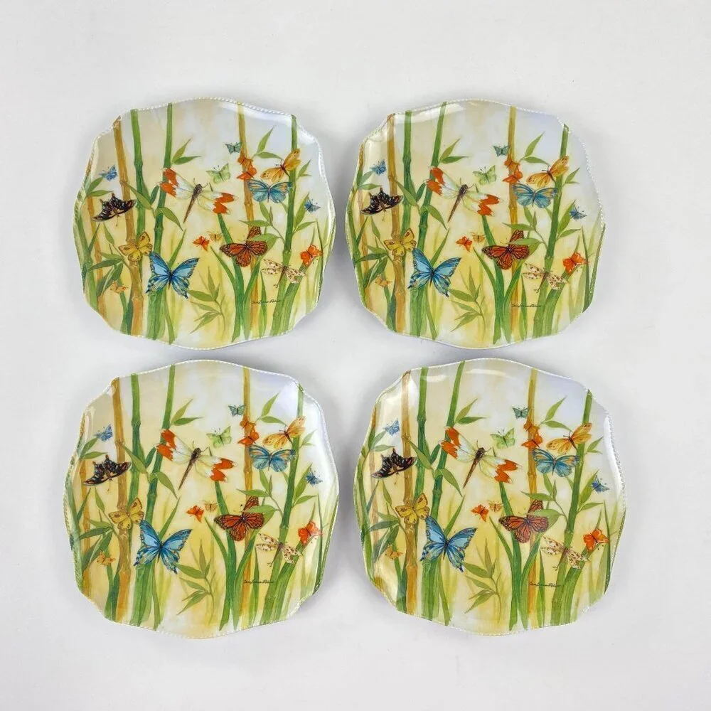 Laurie Gates Butterfly Dragonfly Melamine Side Appetizer Plates Set of 4